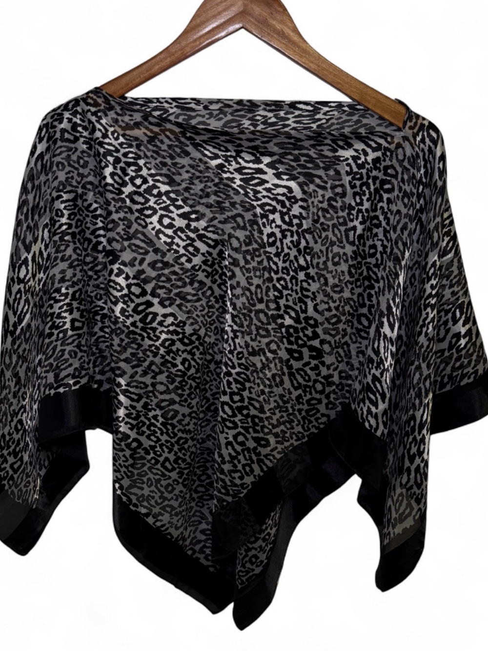Y2K Black Leopard Animal Print Satin Layering Top Chiffon Poncho Scarf Shrug O/S